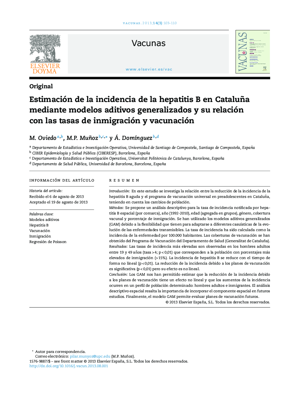 Estimación de la incidencia de la hepatitis B en Cataluña mediante modelos aditivos generalizados y su relación con las tasas de inmigración y vacunación