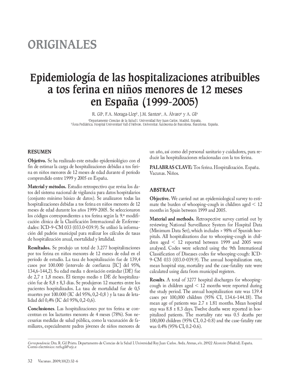 EpidemiologÃ­a de las hospitalizaciones atribuibles a tos ferina en niños menores de 12 meses en España (1999-2005)