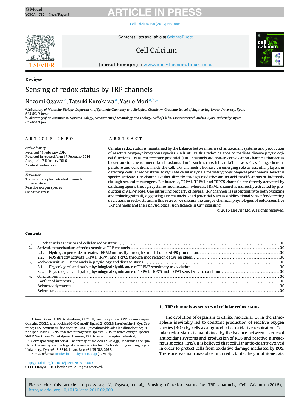 Sensing of redox status by TRP channels