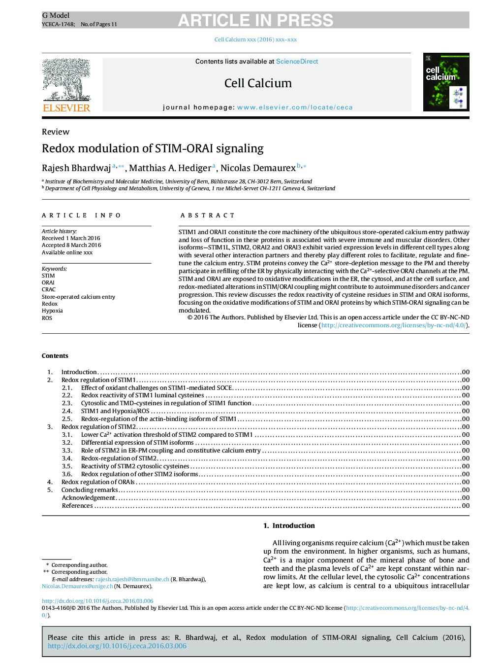 Redox modulation of STIM-ORAI signaling