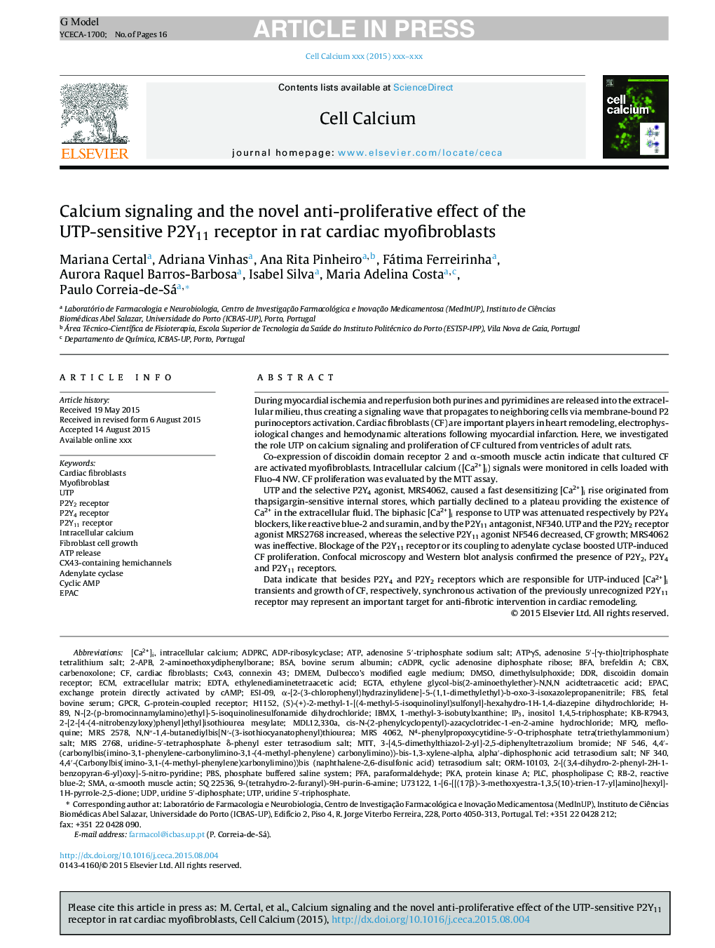 Calcium signaling and the novel anti-proliferative effect of the UTP-sensitive P2Y11 receptor in rat cardiac myofibroblasts