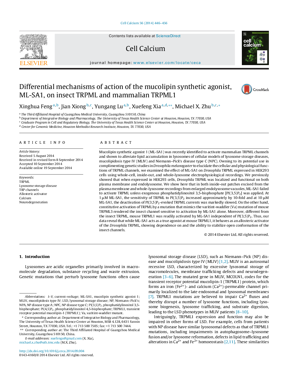 Differential mechanisms of action of the mucolipin synthetic agonist, ML-SA1, on insect TRPML and mammalian TRPML1