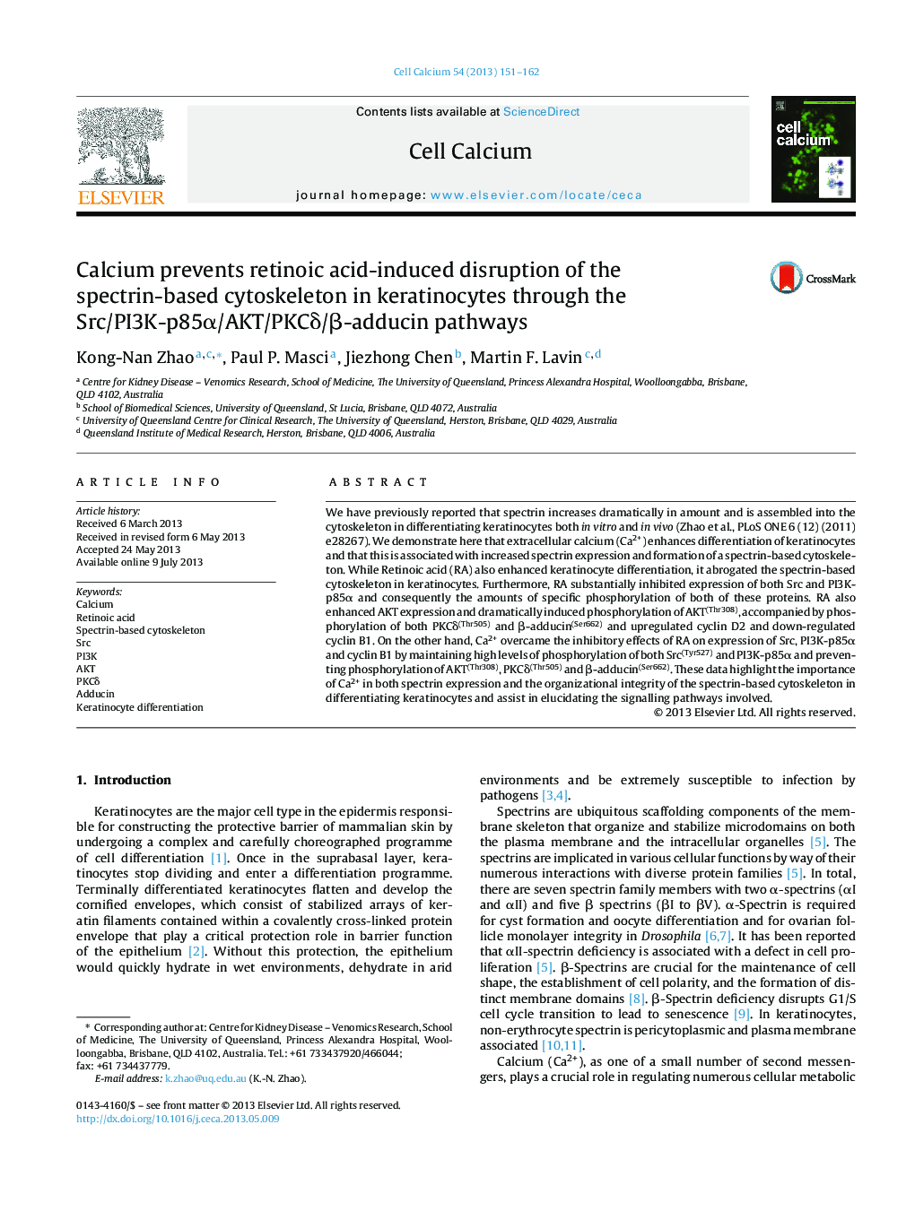 Calcium prevents retinoic acid-induced disruption of the spectrin-based cytoskeleton in keratinocytes through the Src/PI3K-p85Î±/AKT/PKCÎ´/Î²-adducin pathways