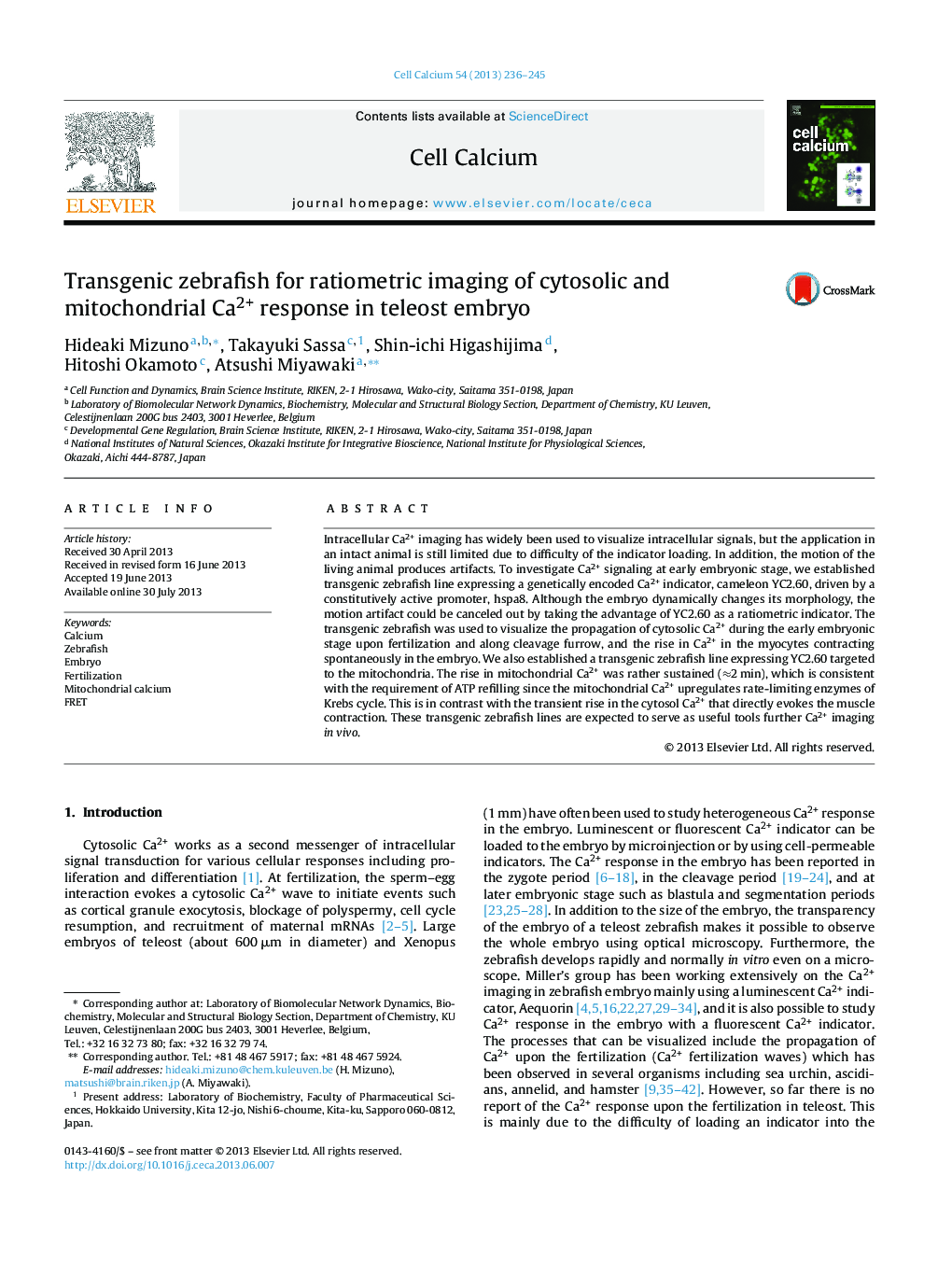 Transgenic zebrafish for ratiometric imaging of cytosolic and mitochondrial Ca2+ response in teleost embryo