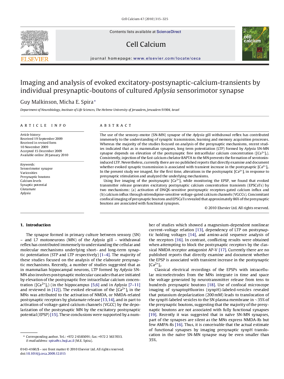 Imaging and analysis of evoked excitatory-postsynaptic-calcium-transients by individual presynaptic-boutons of cultured Aplysia sensorimotor synapse