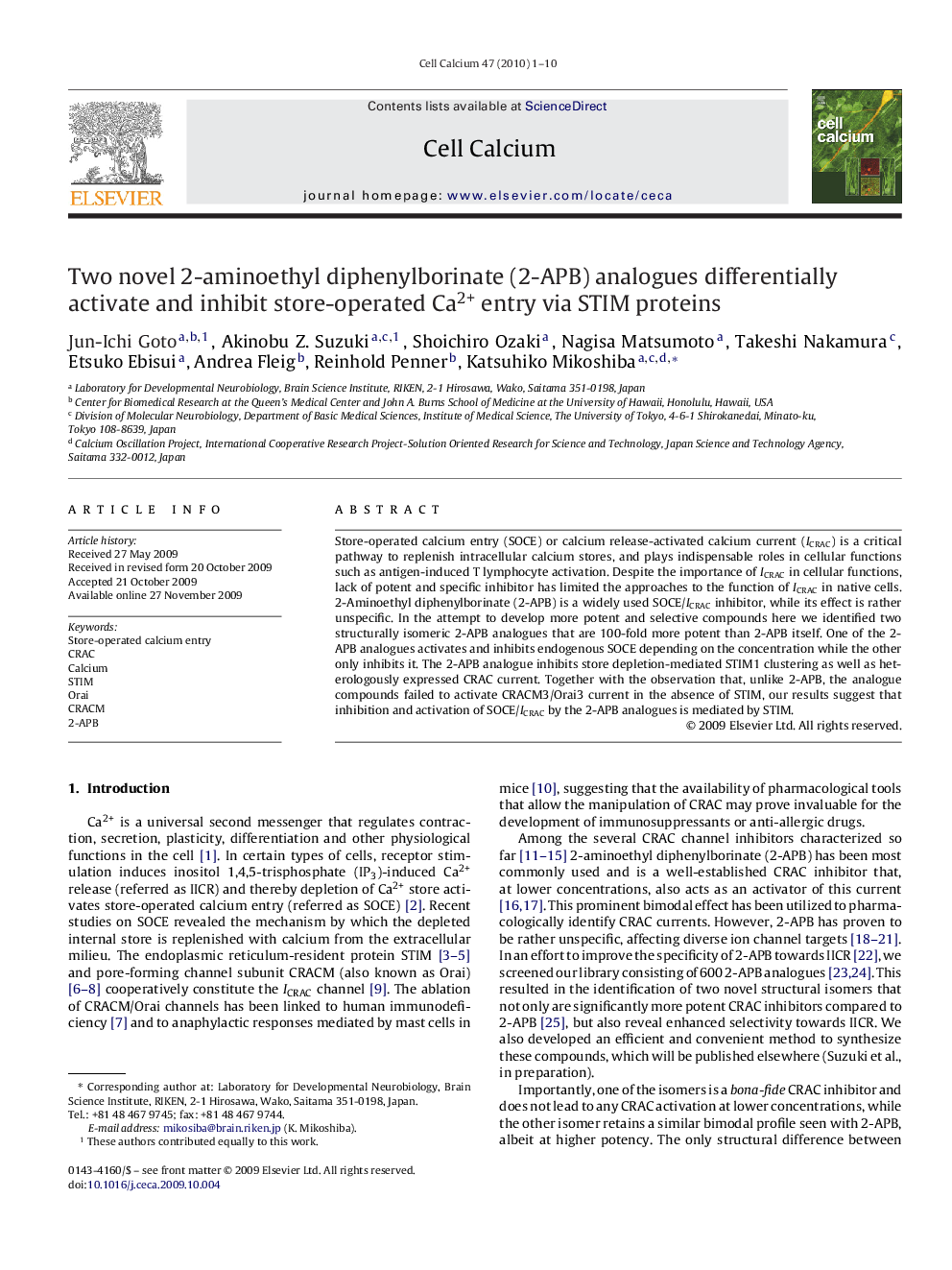 Two novel 2-aminoethyl diphenylborinate (2-APB) analogues differentially activate and inhibit store-operated Ca2+ entry via STIM proteins