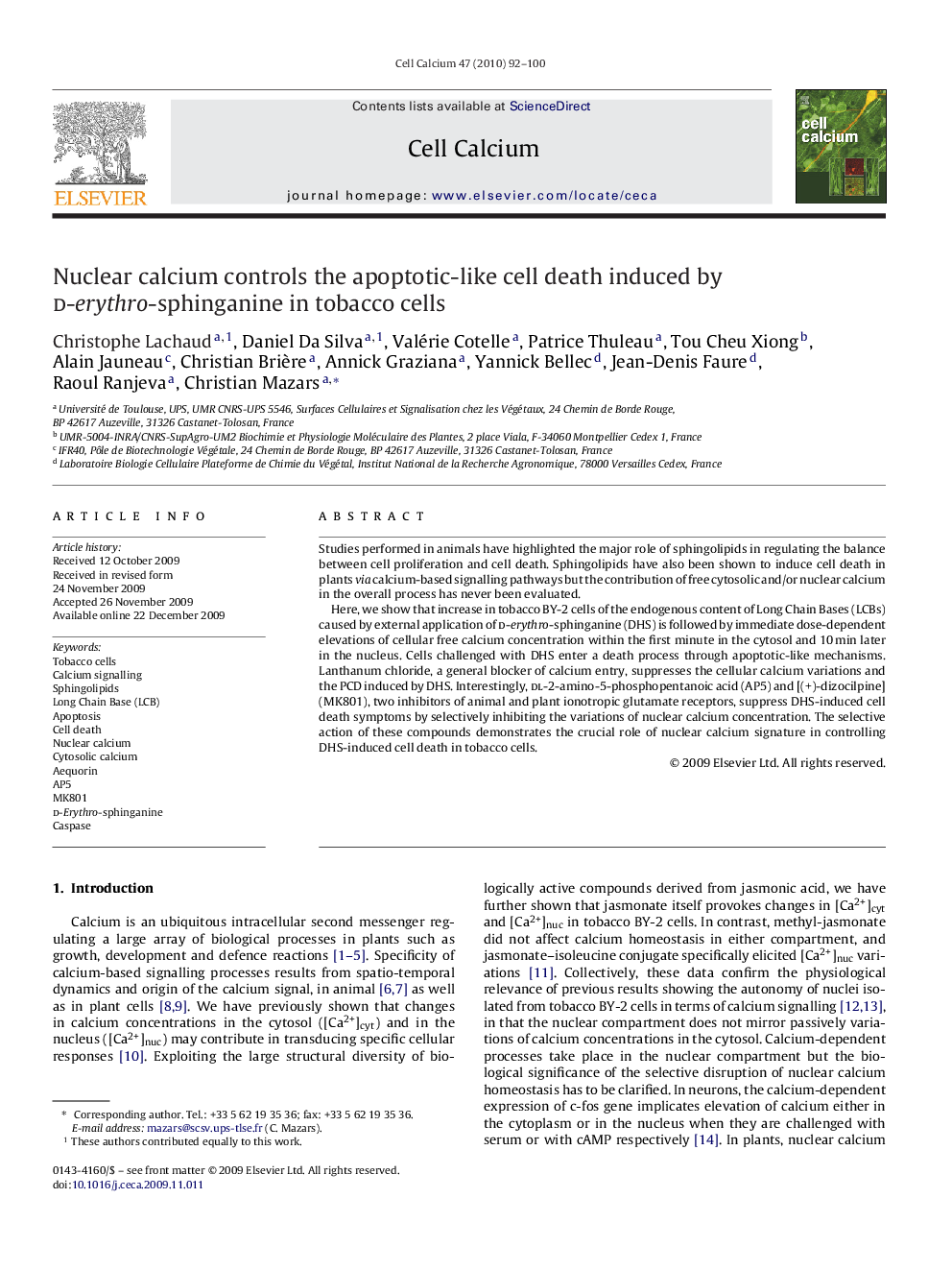 Nuclear calcium controls the apoptotic-like cell death induced by d-erythro-sphinganine in tobacco cells