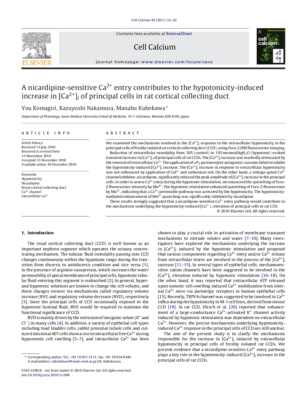 A nicardipine-sensitive Ca2+ entry contributes to the hypotonicity-induced increase in [Ca2+]i of principal cells in rat cortical collecting duct