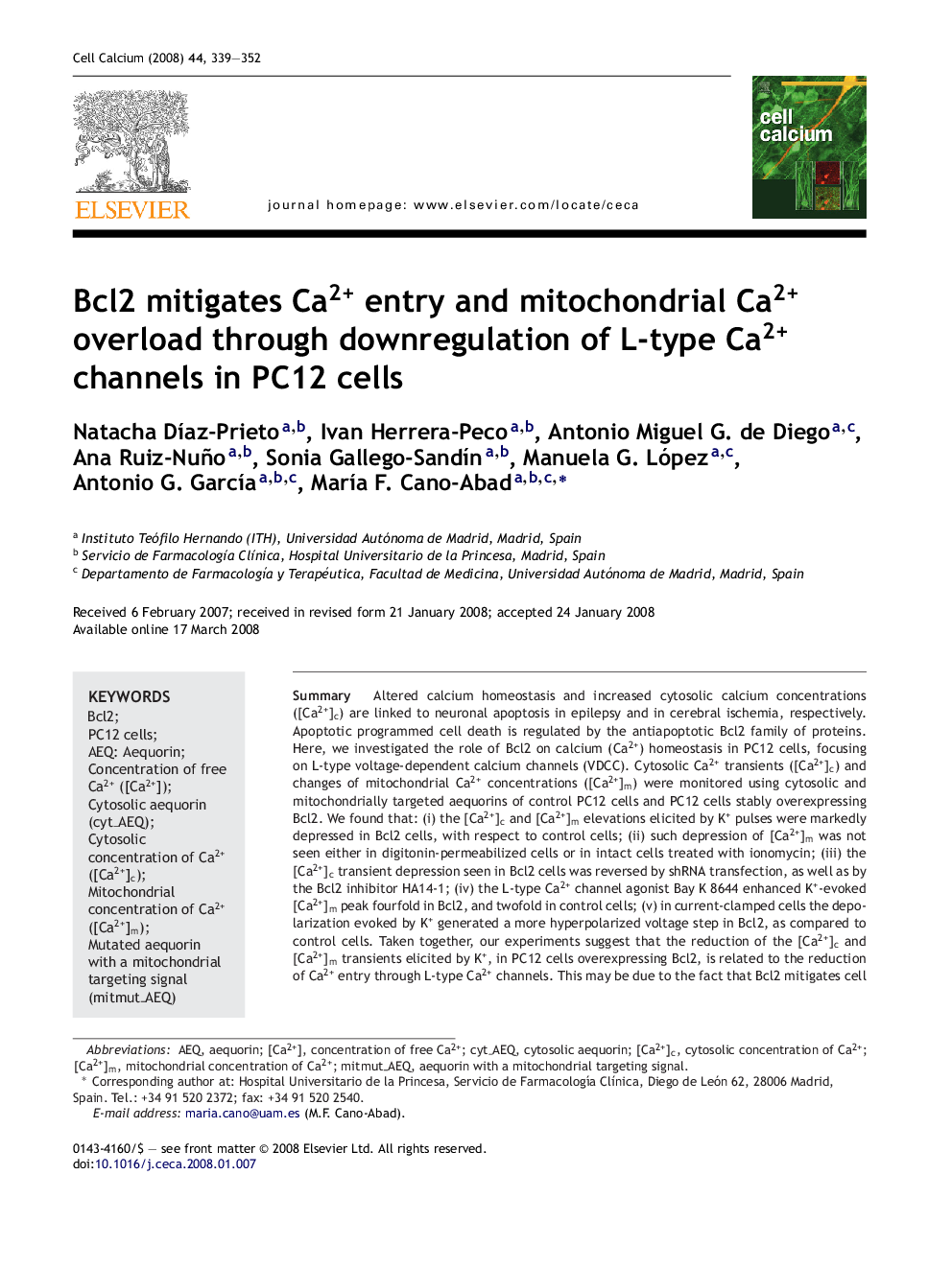 Bcl2 mitigates Ca2+ entry and mitochondrial Ca2+ overload through downregulation of L-type Ca2+ channels in PC12 cells