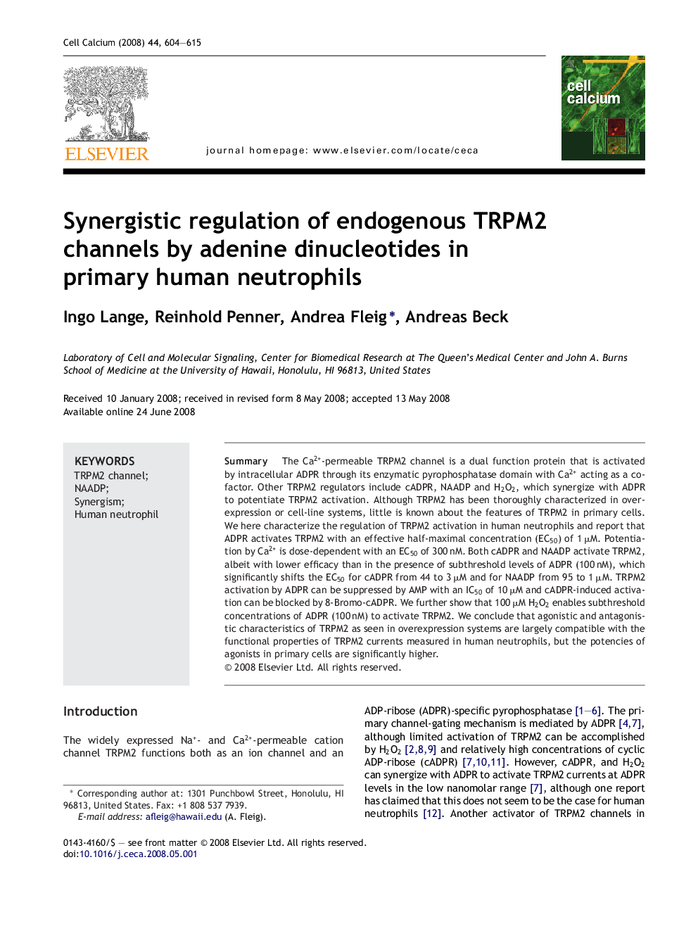 Synergistic regulation of endogenous TRPM2 channels by adenine dinucleotides in primary human neutrophils