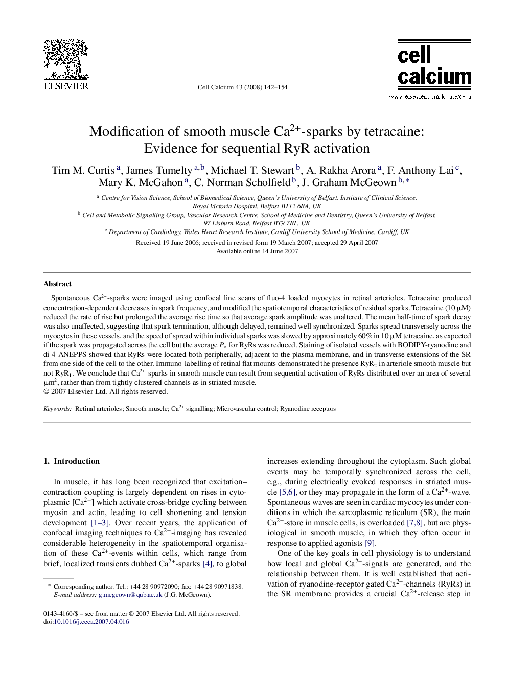 Modification of smooth muscle Ca2+-sparks by tetracaine: Evidence for sequential RyR activation