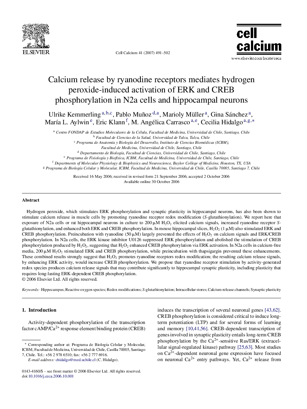 Calcium release by ryanodine receptors mediates hydrogen peroxide-induced activation of ERK and CREB phosphorylation in N2a cells and hippocampal neurons