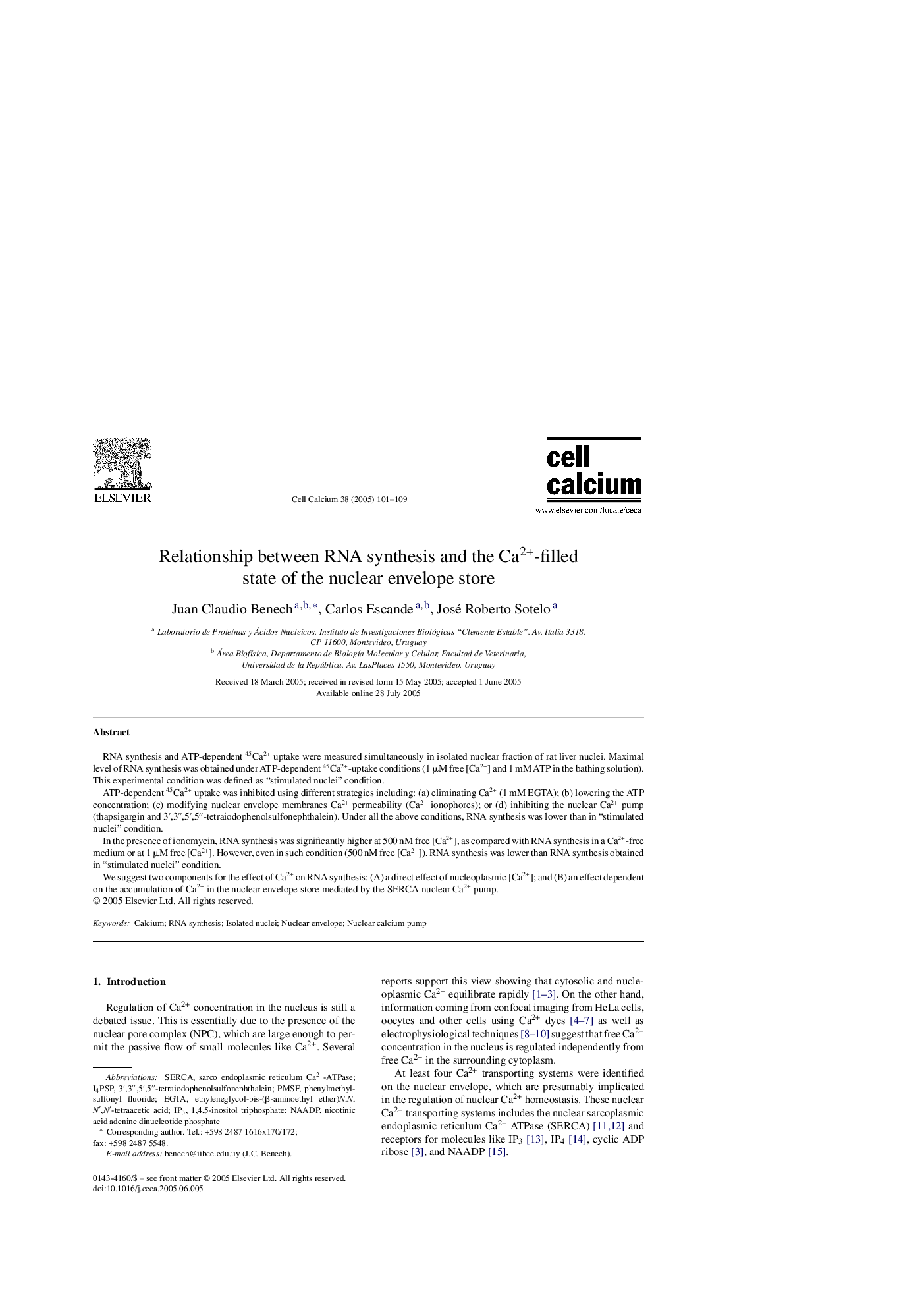 Relationship between RNA synthesis and the Ca2+-filled state of the nuclear envelope store