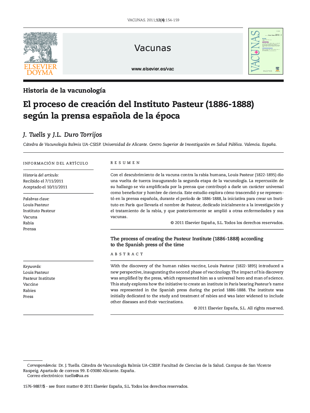 El proceso de creación del Instituto Pasteur (1886-1888) según la prensa española de la época