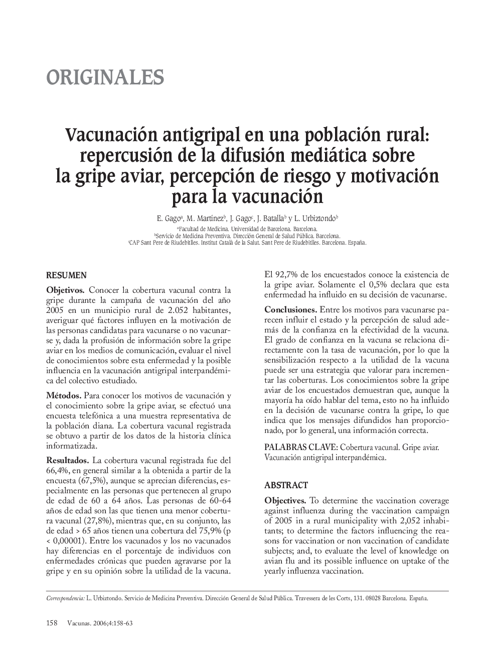 Vacunación antigripal en una población rural: repercusión de la difusión mediática sobre la gripe aviar, percepción de riesgo y motivación para la vacunación