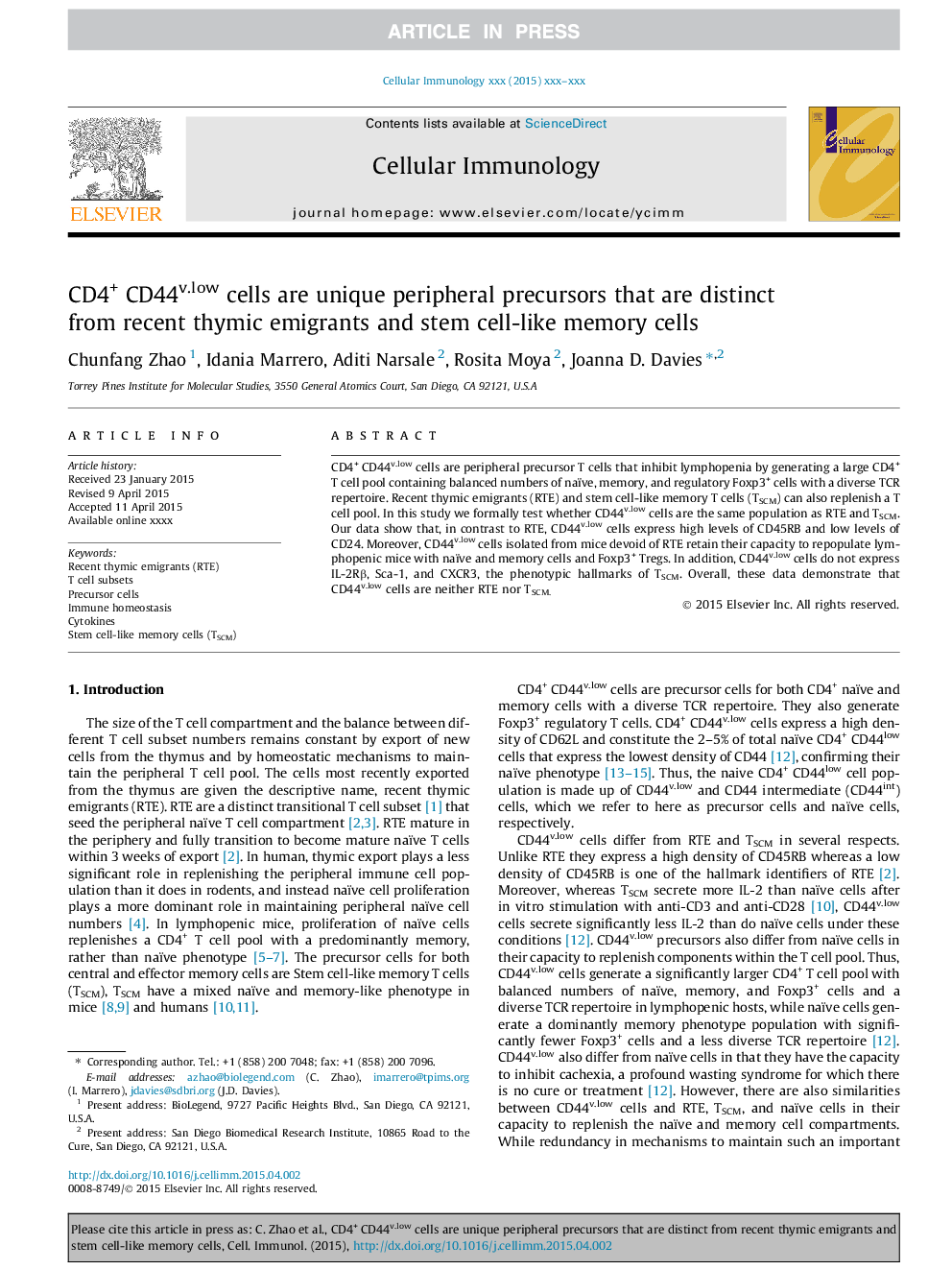 CD4+ CD44v.low cells are unique peripheral precursors that are distinct from recent thymic emigrants and stem cell-like memory cells