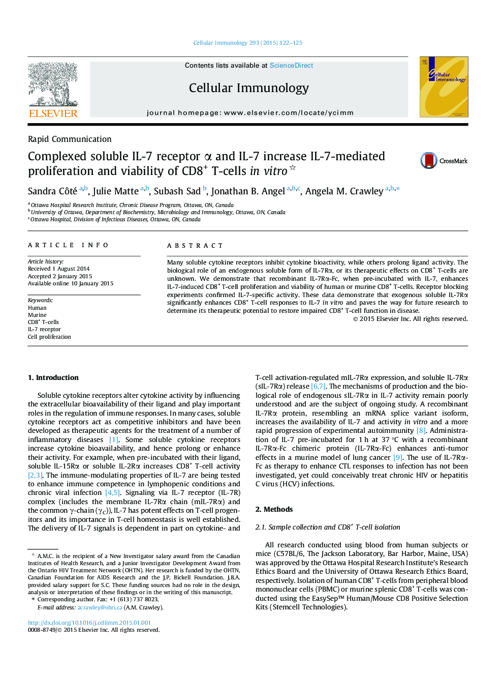 Complexed soluble IL-7 receptor Î± and IL-7 increase IL-7-mediated proliferation and viability of CD8+ T-cells in vitro