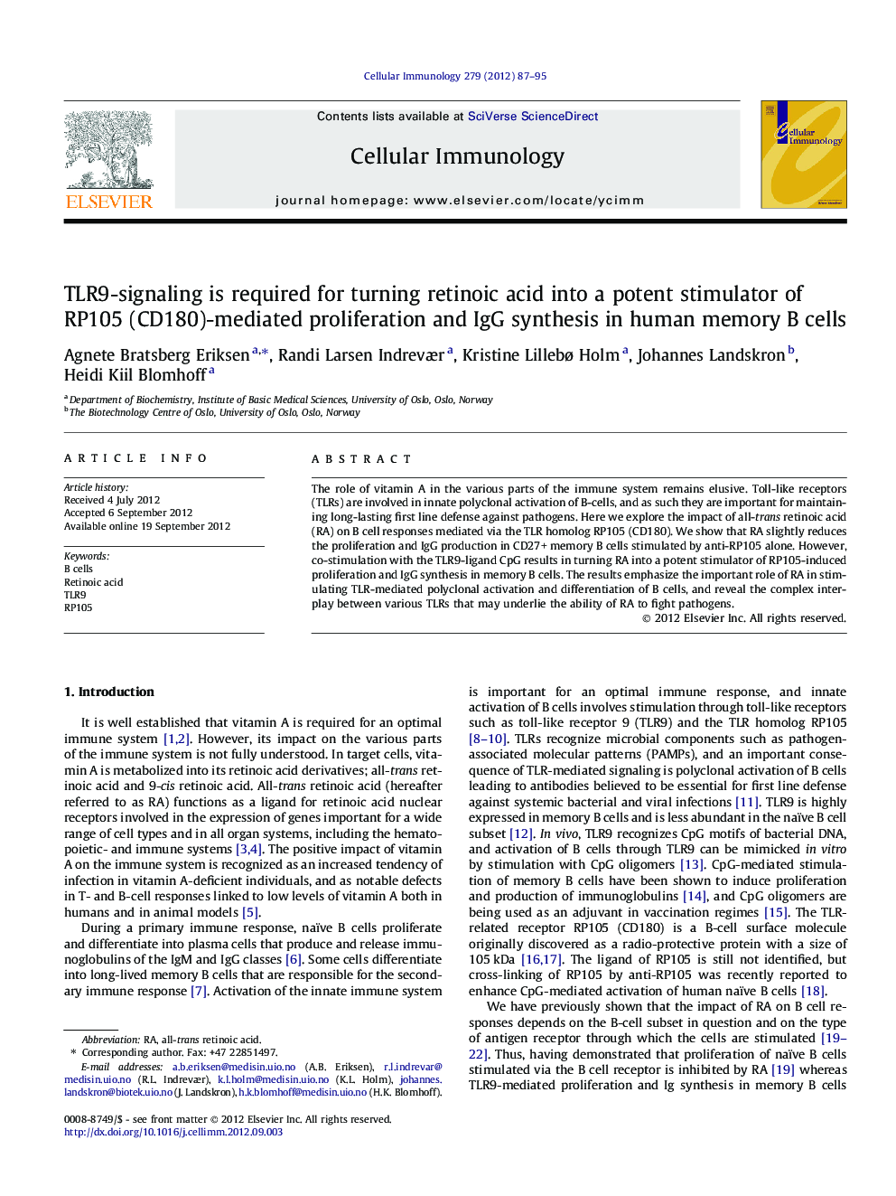 TLR9-signaling is required for turning retinoic acid into a potent stimulator of RP105 (CD180)-mediated proliferation and IgG synthesis in human memory B cells