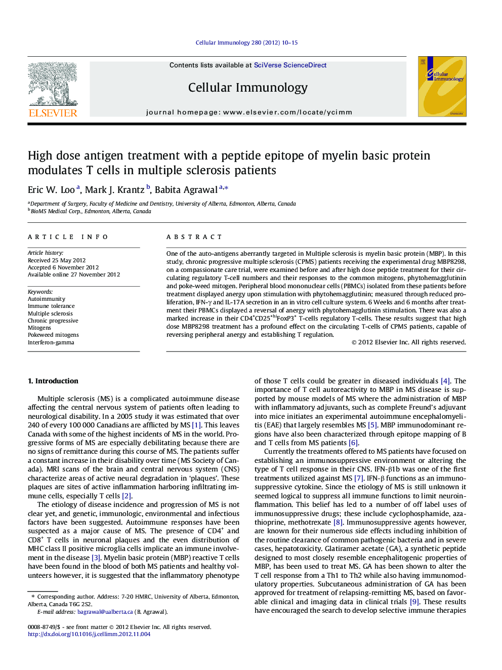 High dose antigen treatment with a peptide epitope of myelin basic protein modulates T cells in multiple sclerosis patients