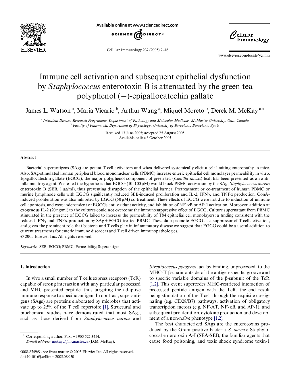 Immune cell activation and subsequent epithelial dysfunction by Staphylococcus enterotoxin B is attenuated by the green tea polyphenol (â)-epigallocatechin gallate