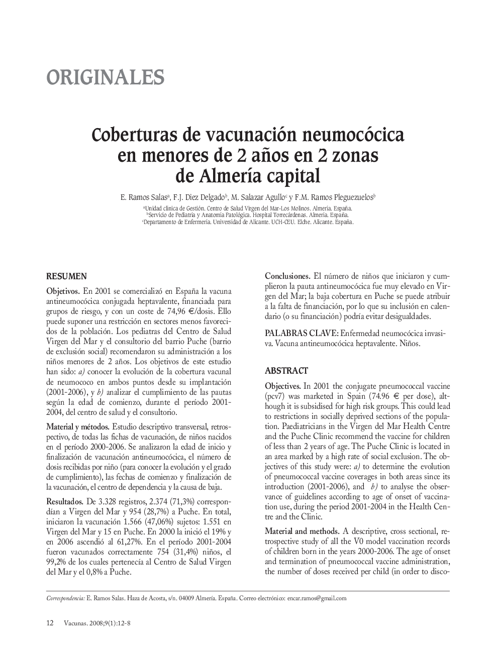 Coberturas de vacunación neumocócica en menores de 2 años en 2 zonas de AlmerÃ­a capital