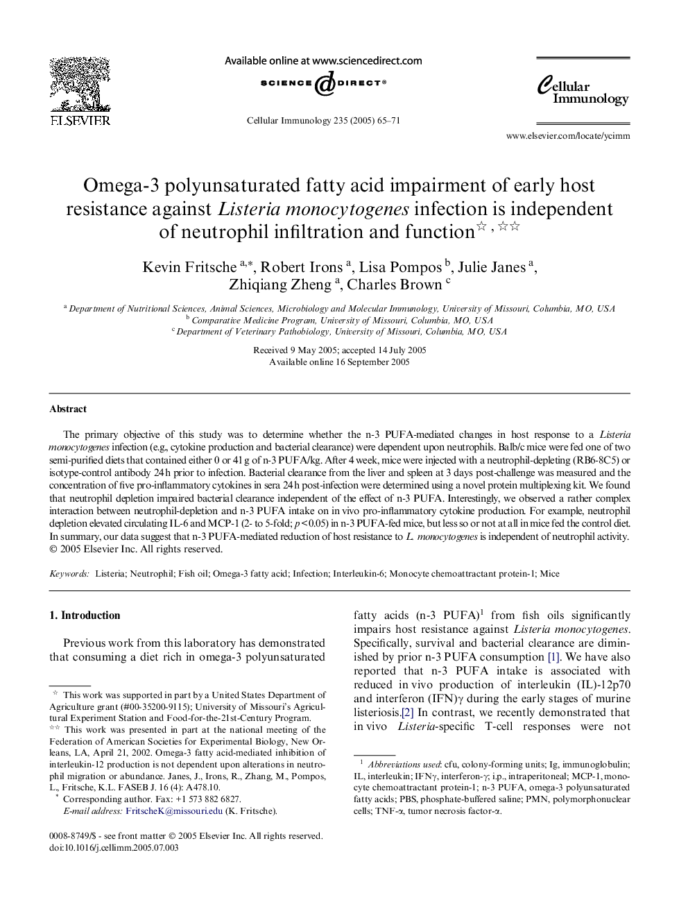 Omega-3 polyunsaturated fatty acid impairment of early host resistance against Listeria monocytogenes infection is independent of neutrophil infiltration and function