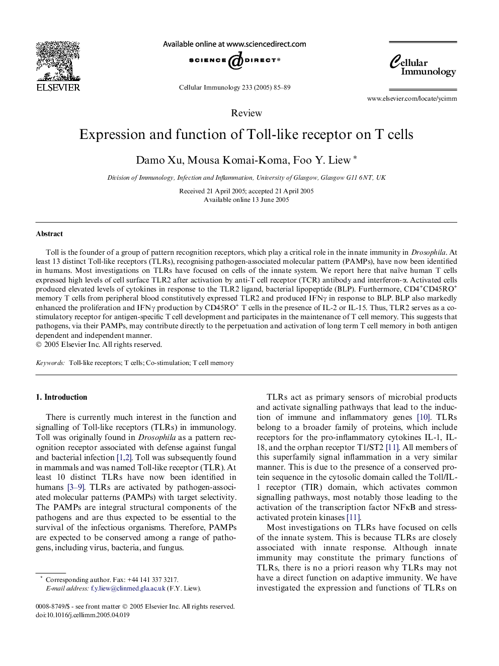 RETRACTED: Expression and function of Toll-like receptor on T cells