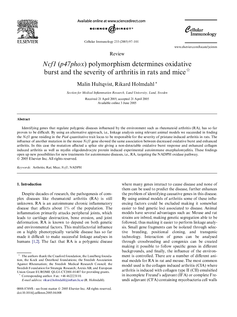 عکس صفحه اول مقاله: Ncf1 (p47phox) polymorphism determines oxidative burst and the severity of arthritis in rats and mice Ncf1 (p47phox) polymorphism determines oxidative burst and the severity of arthritis in rats and mice