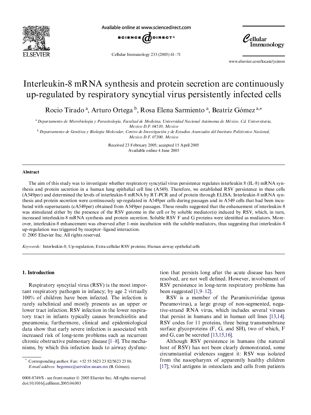 Interleukin-8 mRNA synthesis and protein secretion are continuously up-regulated by respiratory syncytial virus persistently infected cells