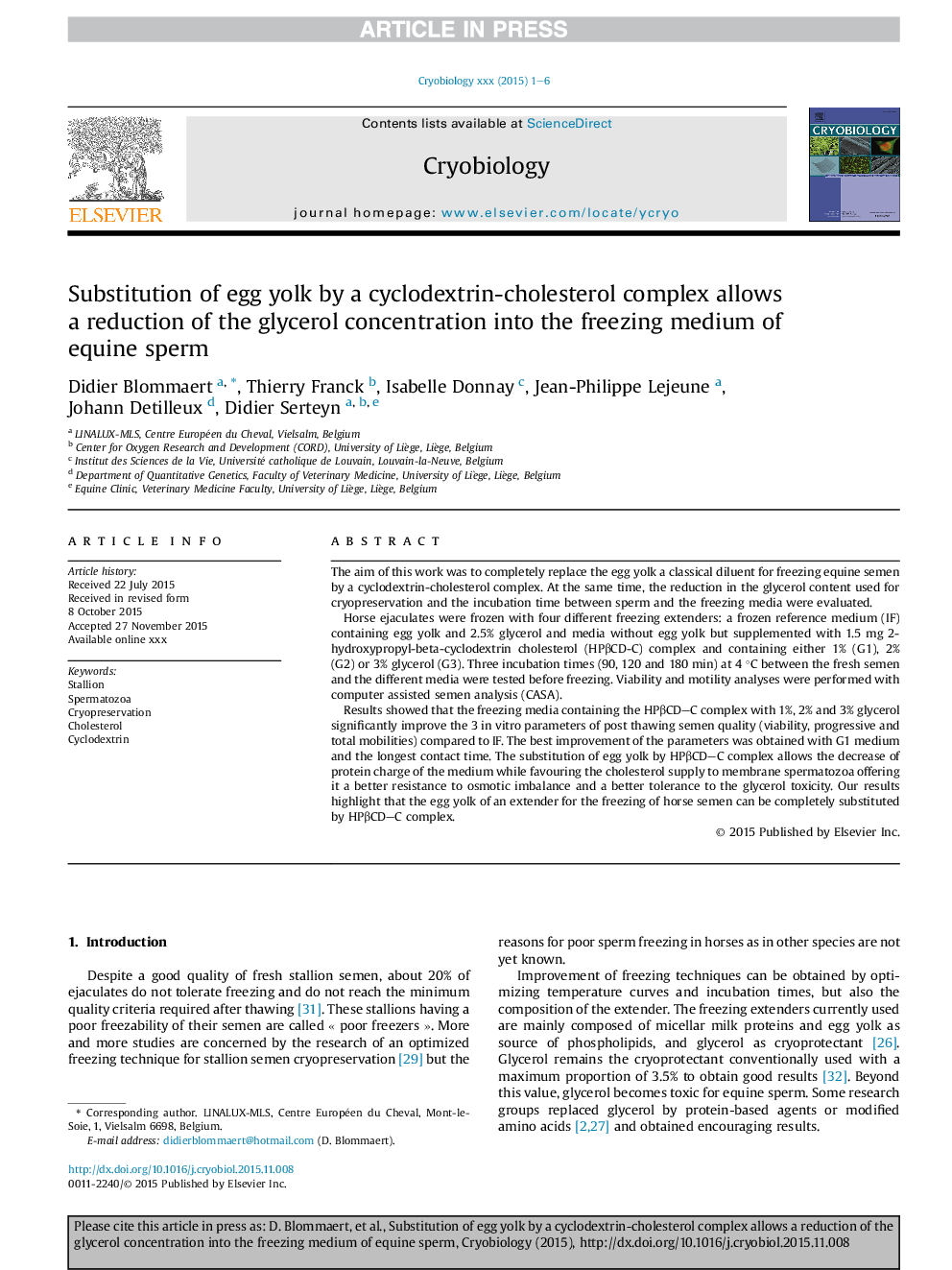 Substitution of egg yolk by a cyclodextrin-cholesterol complex allows a reduction of the glycerol concentration into the freezing medium of equine sperm