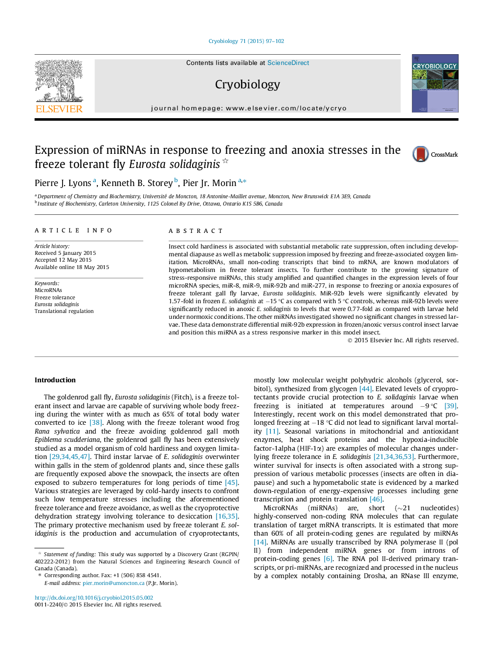 Expression of miRNAs in response to freezing and anoxia stresses in the freeze tolerant fly Eurosta solidaginis