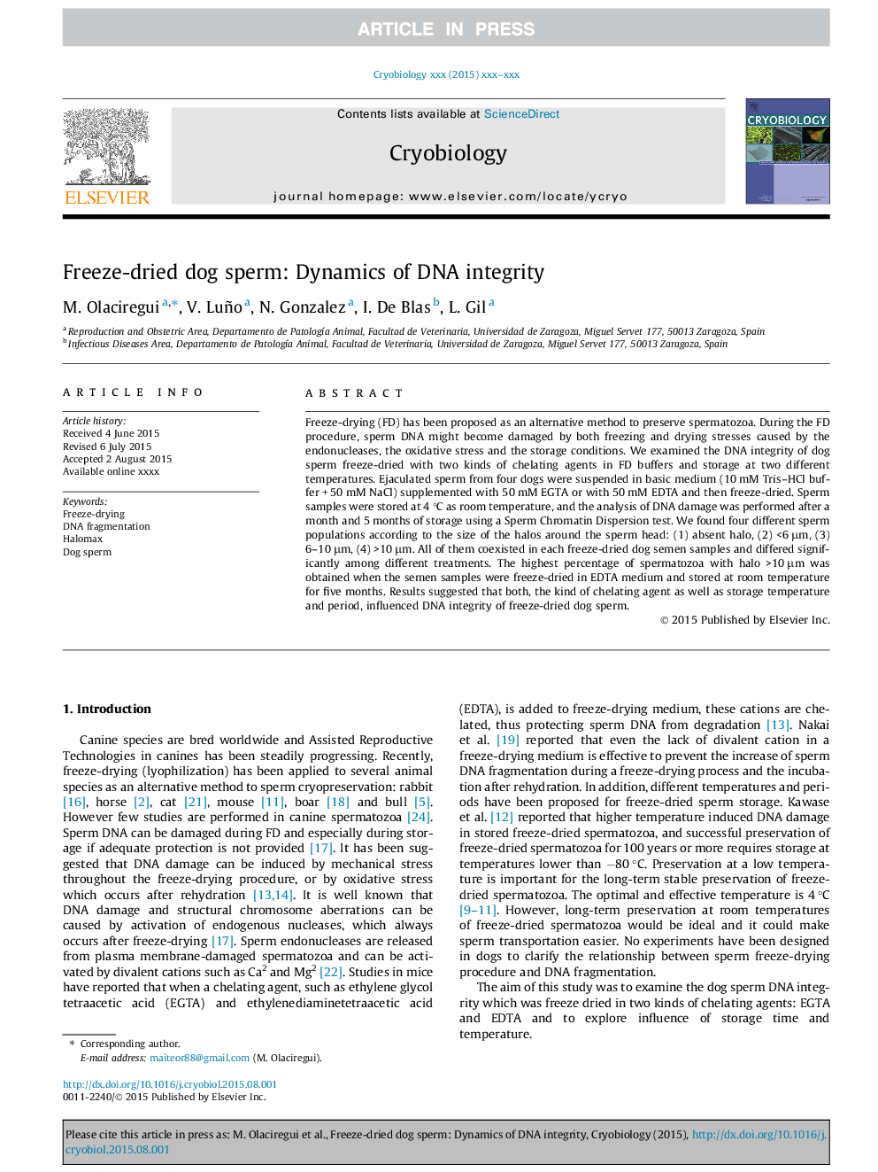 Freeze-dried dog sperm: Dynamics of DNA integrity