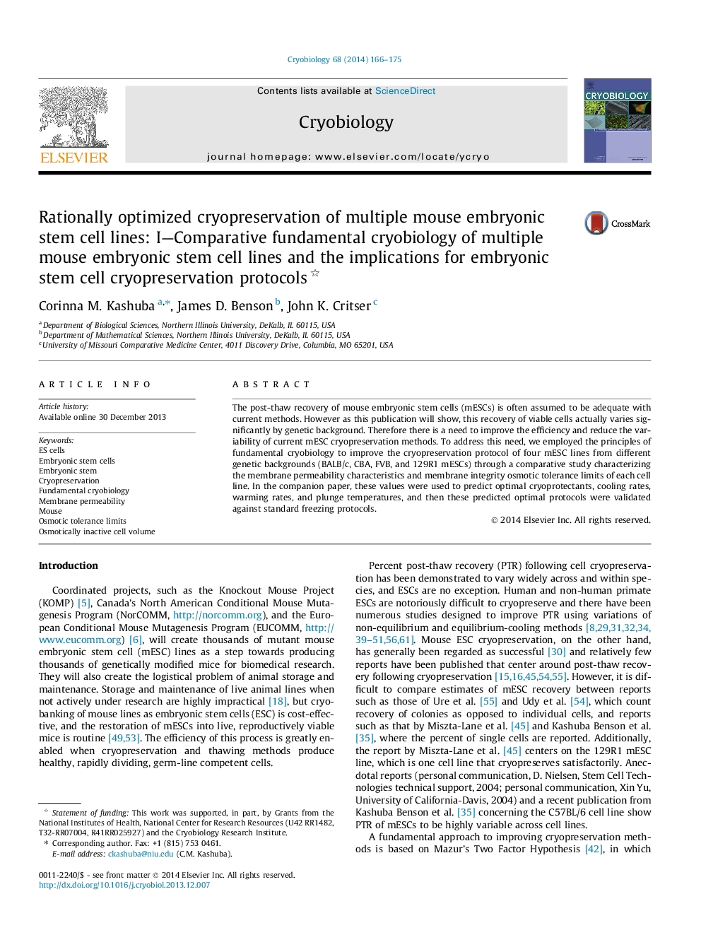 Rationally optimized cryopreservation of multiple mouse embryonic stem cell lines: I-Comparative fundamental cryobiology of multiple mouse embryonic stem cell lines and the implications for embryonic stem cell cryopreservation protocols