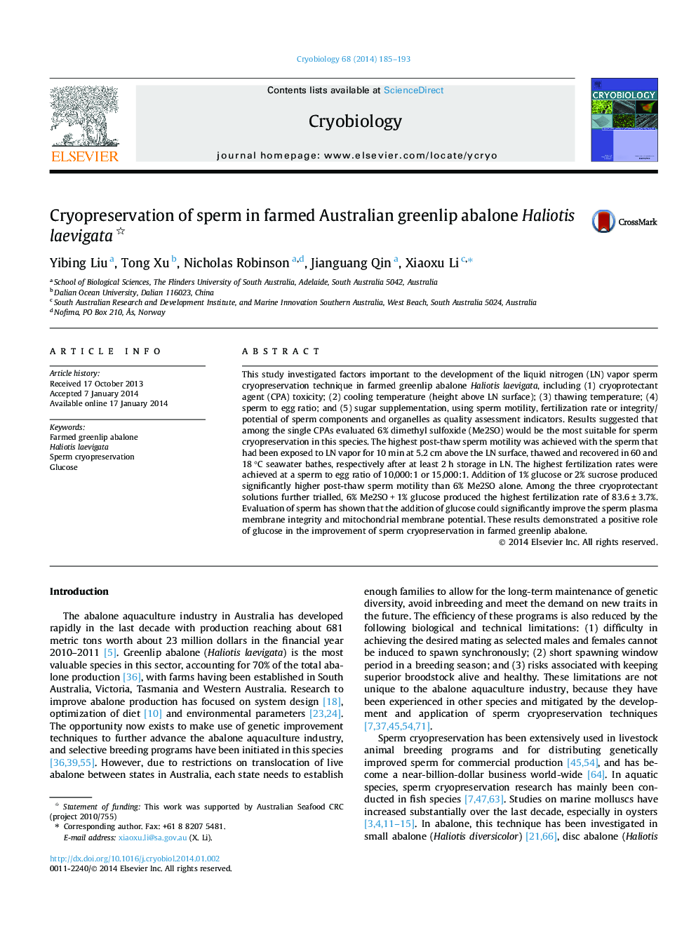 Cryopreservation of sperm in farmed Australian greenlip abalone Haliotis laevigata