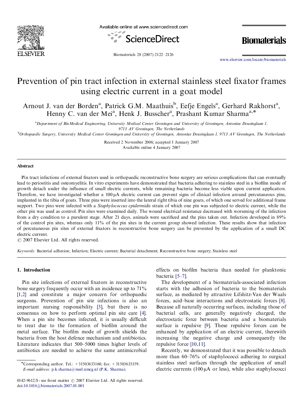 Prevention of pin tract infection in external stainless steel fixator frames using electric current in a goat model