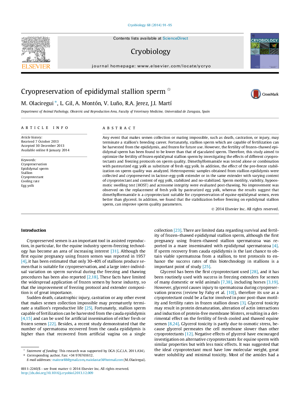 Cryopreservation of epididymal stallion sperm