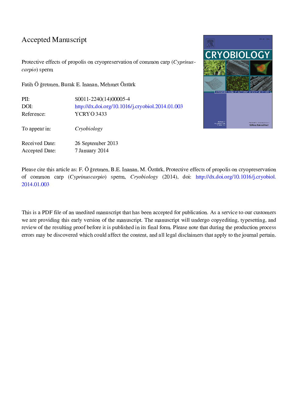 Protective effects of propolis on cryopreservation of common carp (Cyprinus carpio) sperm