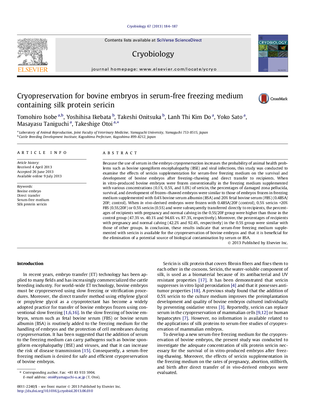 Cryopreservation for bovine embryos in serum-free freezing medium containing silk protein sericin