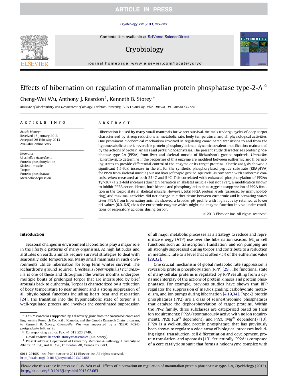 Effects of hibernation on regulation of mammalian protein phosphatase type-2-A