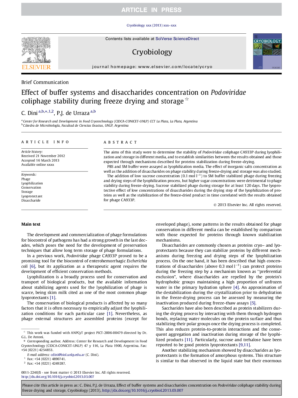 عکس صفحه اول مقاله: Effect of buffer systems and disaccharides concentration on Podoviridae coliphage stability during freeze drying and storage Effect of buffer systems and disaccharides concentration on Podoviridae coliphage stability during freeze drying and storage