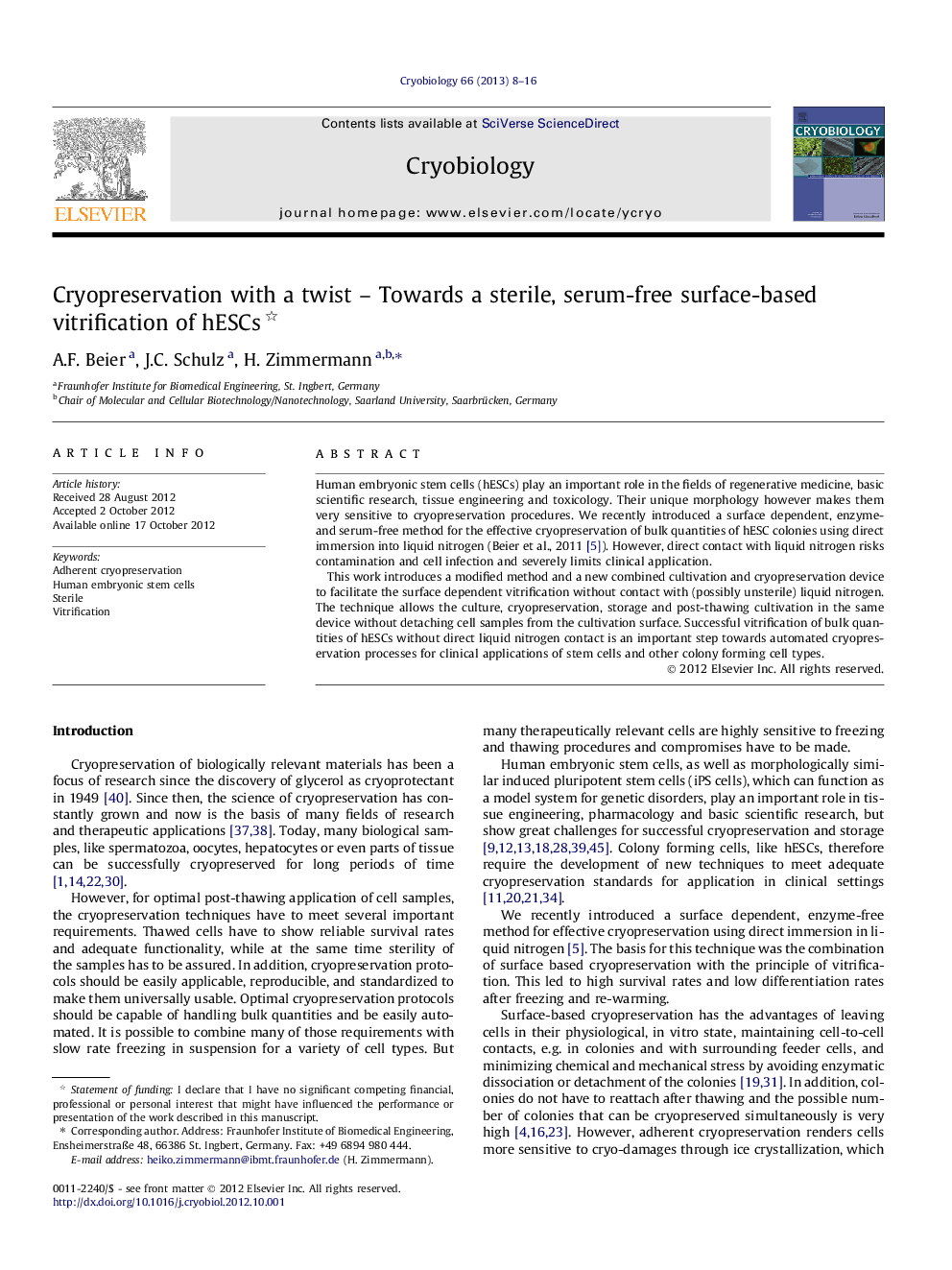 Cryopreservation with a twist - Towards a sterile, serum-free surface-based vitrification of hESCs