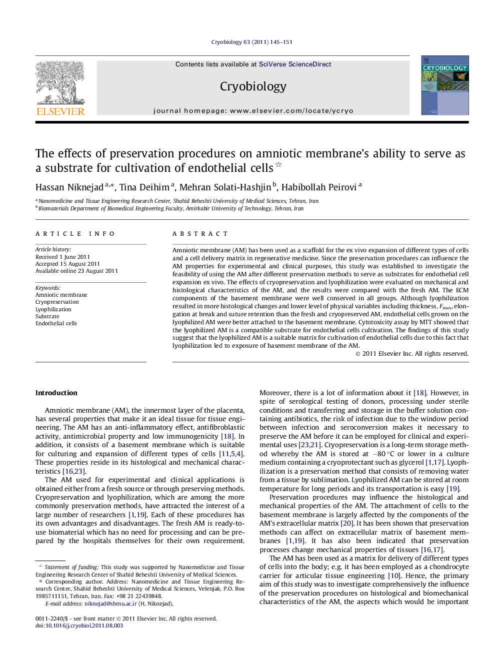 The effects of preservation procedures on amniotic membrane's ability to serve as a substrate for cultivation of endothelial cells