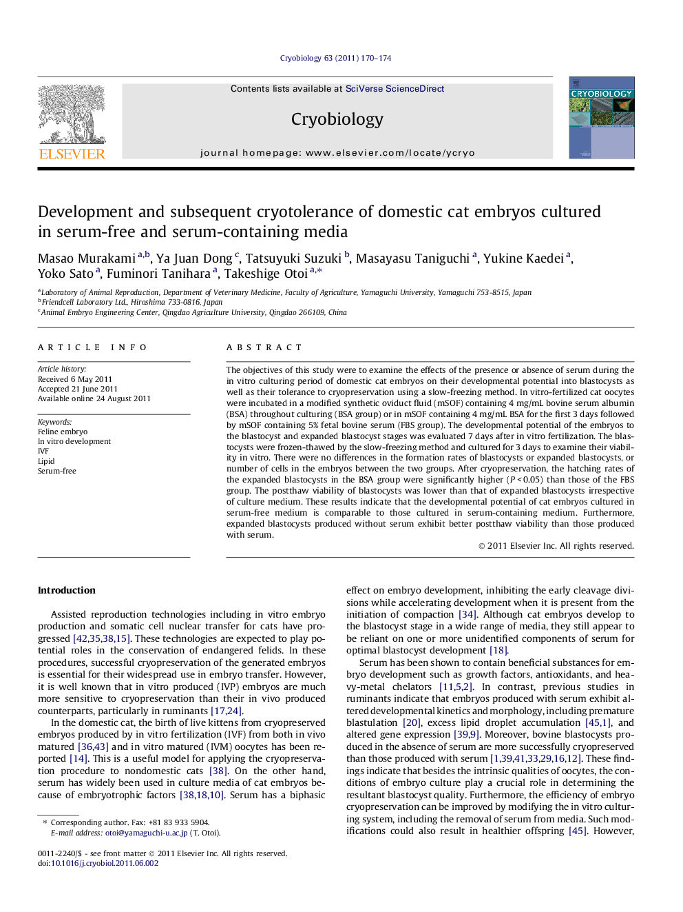 Development and subsequent cryotolerance of domestic cat embryos cultured in serum-free and serum-containing media