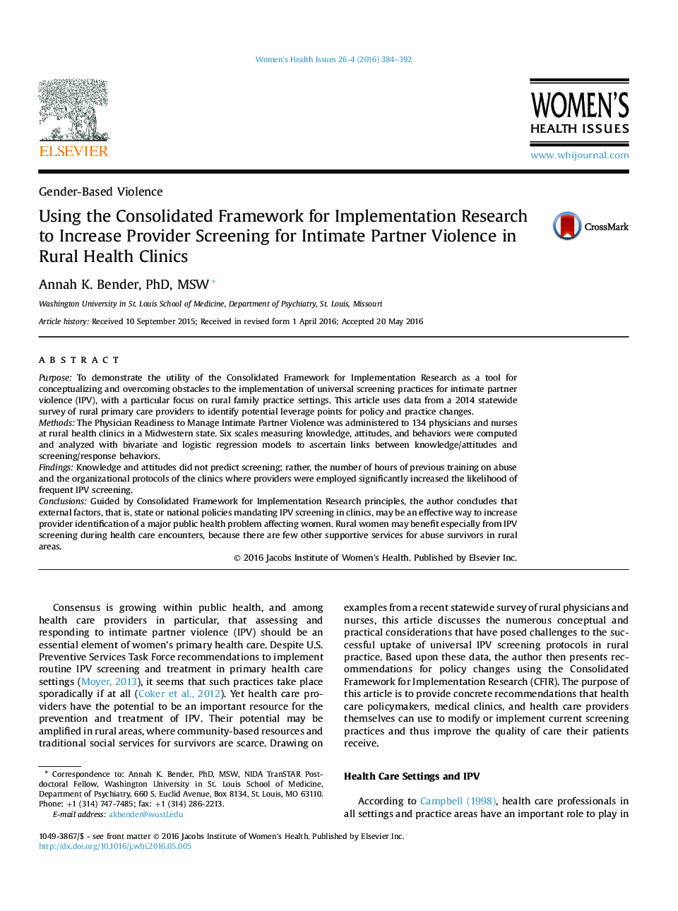 استفاده از چارچوب تلفیقی برای اجرای تحقیقات برای افزایش غربالگری ارائه دهنده برای خشونت شریک صمیمی در درمانگاه های بهداشتی روستایی 