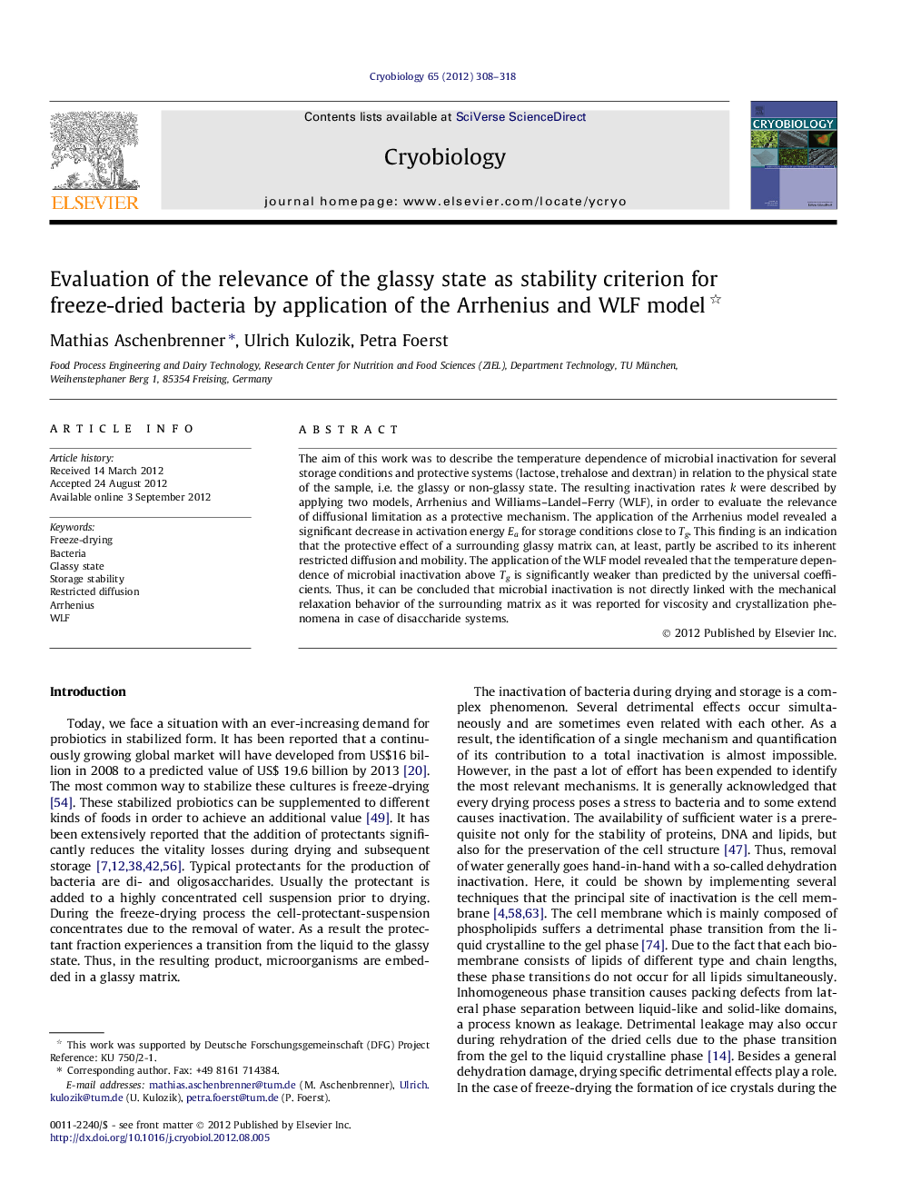 Evaluation of the relevance of the glassy state as stability criterion for freeze-dried bacteria by application of the Arrhenius and WLF model