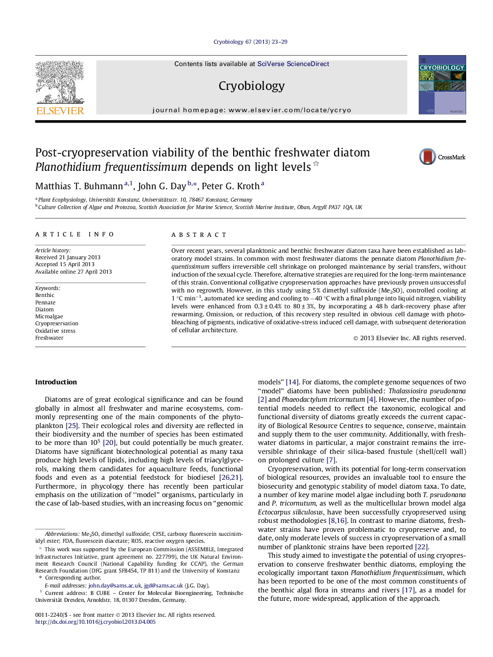 Post-cryopreservation viability of the benthic freshwater diatom Planothidium frequentissimum depends on light levels