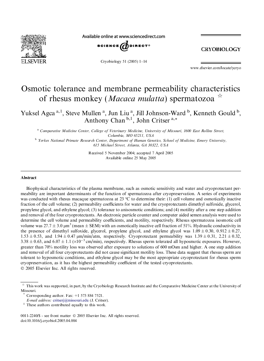 Osmotic tolerance and membrane permeability characteristics of rhesus monkey (Macaca mulatta) spermatozoa