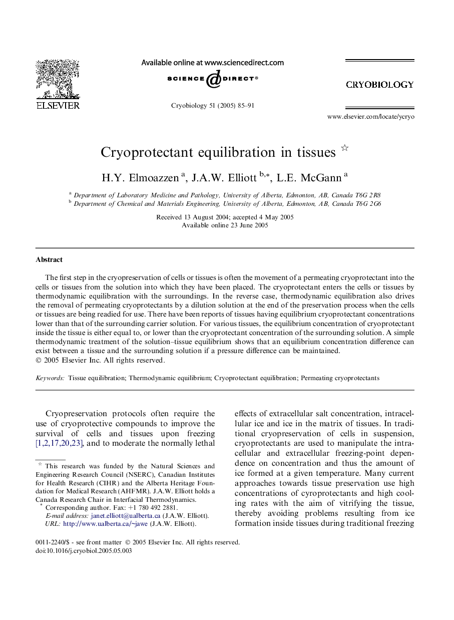 Cryoprotectant equilibration in tissues