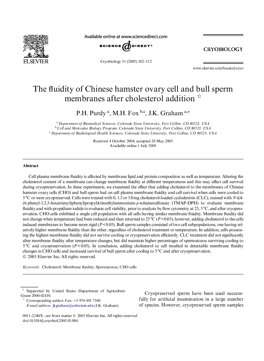 The fluidity of Chinese hamster ovary cell and bull sperm membranes after cholesterol addition
