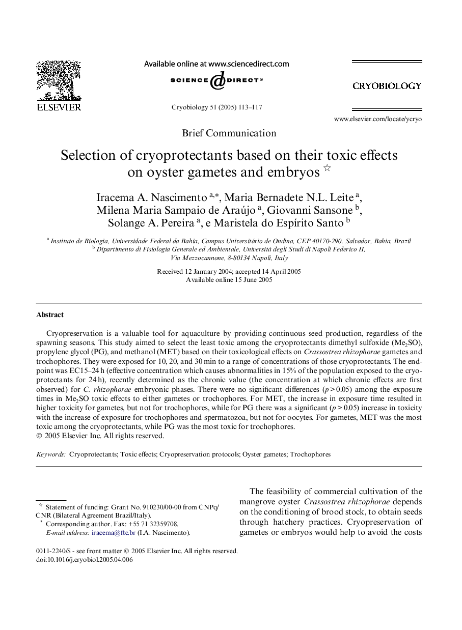 Selection of cryoprotectants based on their toxic effects on oyster gametes and embryos